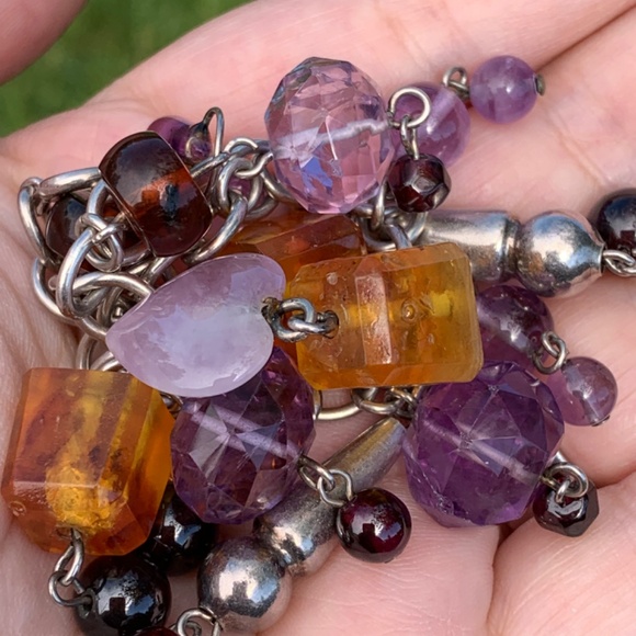 VINTAGE CHARM BRACELET HEART AMETHYST AMBER GARNET 925 STERLING SILVER UNIQUE - Picture 9 of 16